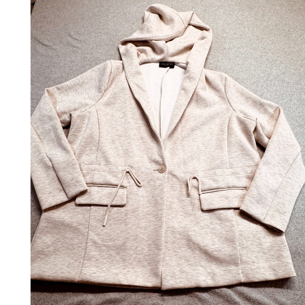 Lane Bryant Hooded Blazer Womens 18 Tan Heathered Drawstring Waist Casual Jacket